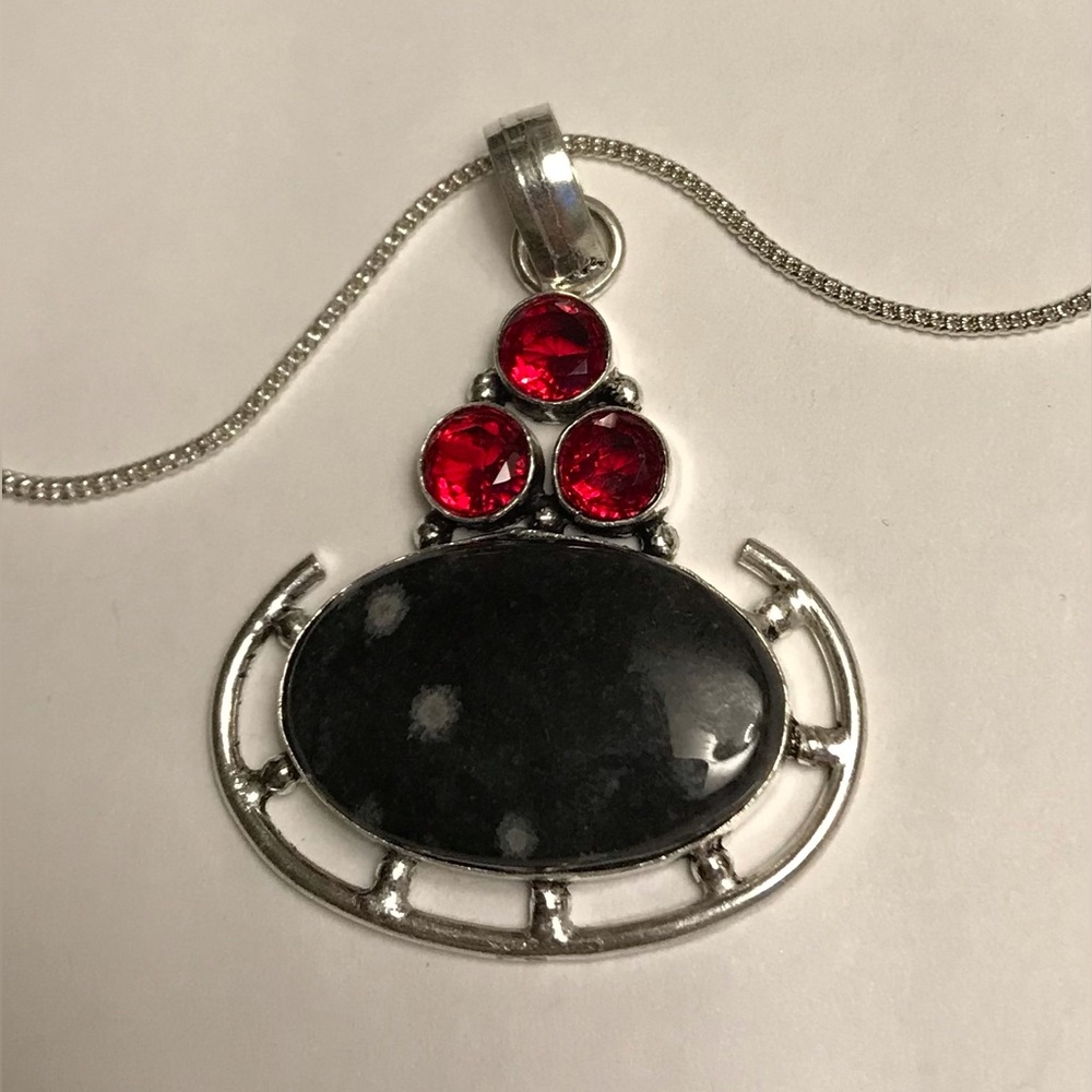 Snowflake Obsidian Garnet 925 Sterling Silver Necklace